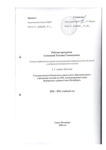 Рабочая программа учителя дефектолога Семеновой Т.Г. на 2020-2021 уч.год. 