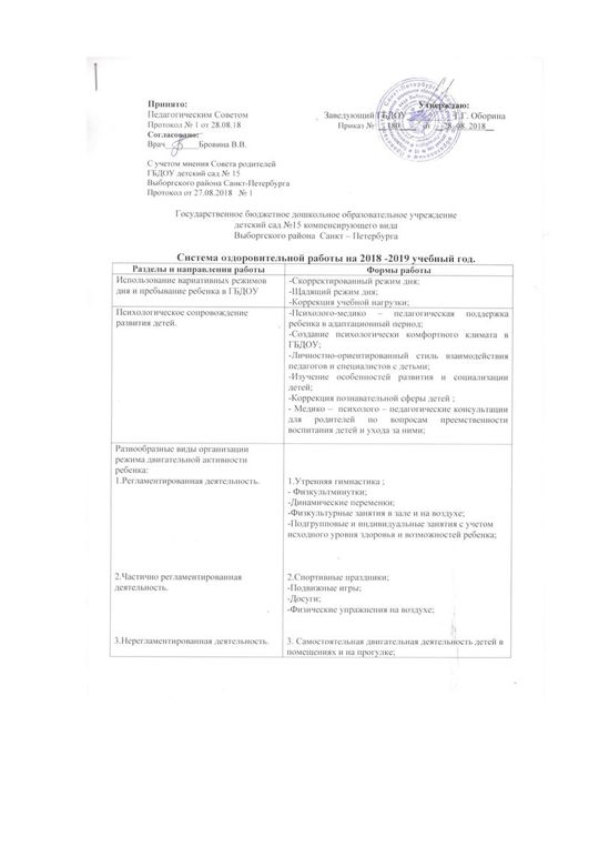Система оздоровительной работы на 2018-2019 уч. год