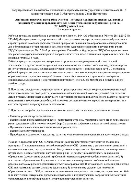 Аннотация к рабочей программе учителя-логопеда группы № 4