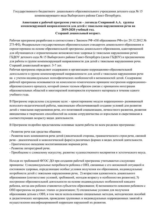 Аннотация к рабочей программе учителя-логопеда группы №8