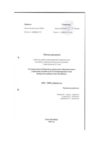 Рабочая программа учителя дефектолога Чуваевой Е.И. и воспитателей группы № 5 Егоровой Н.Ю. и Дружининой С.А. на 2019-2020 уч. год.