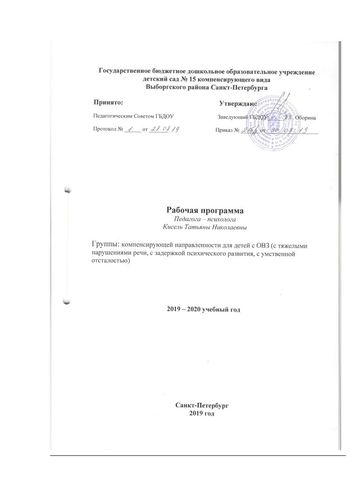 Рабочая программа педагога-психолога Кисель Т. Н. на 2019-2020 уч. год. 