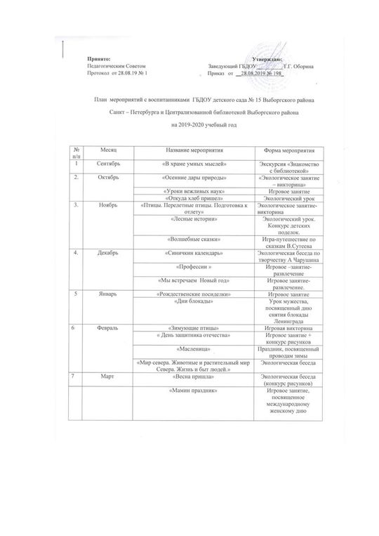 План работы с библиотекой на 2019-2020 уч. год