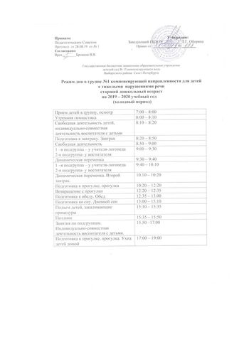 Режимы дня на 2019-2020 учебный год