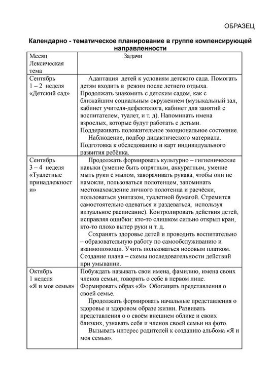 Календарно-тематическое планирование в группе компенсирующей направленности